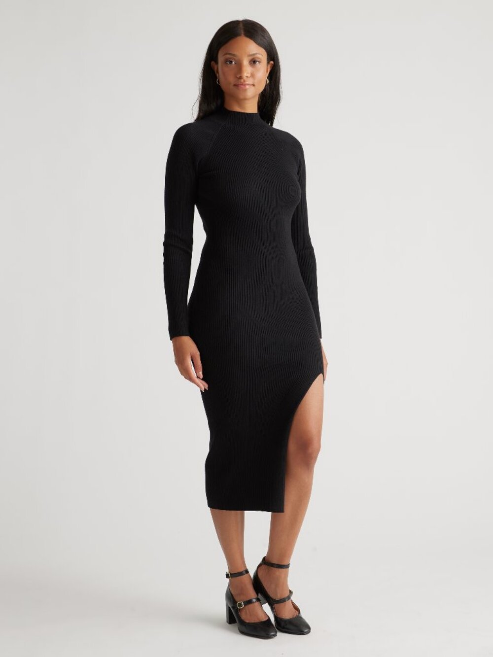 Quince Size M Black Eco-Knit Ribbed Mock Neck Sweater Dress NEW!